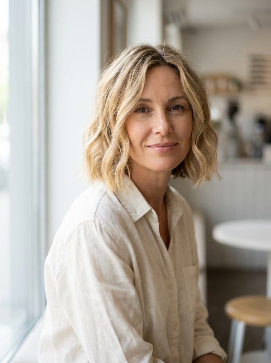 Blonder Bob mit leichter Beach-Wave-Struktur - Mittellanger blonder Bob